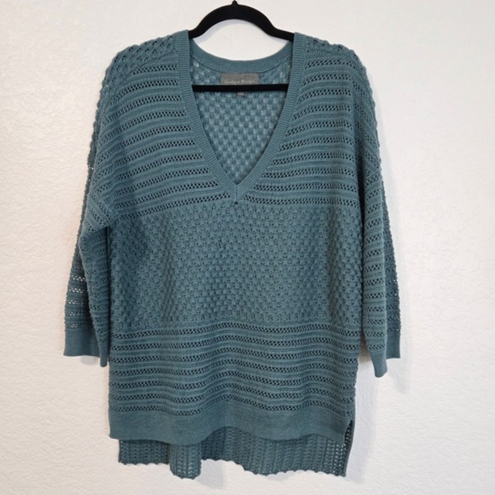 Sundays in Brooklyn Teal Blue Crochet Knit V Neck 3/4 Sleeve Sweater‎ Top Size S